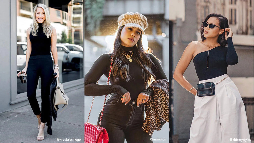 Three women wearing different bodysuits