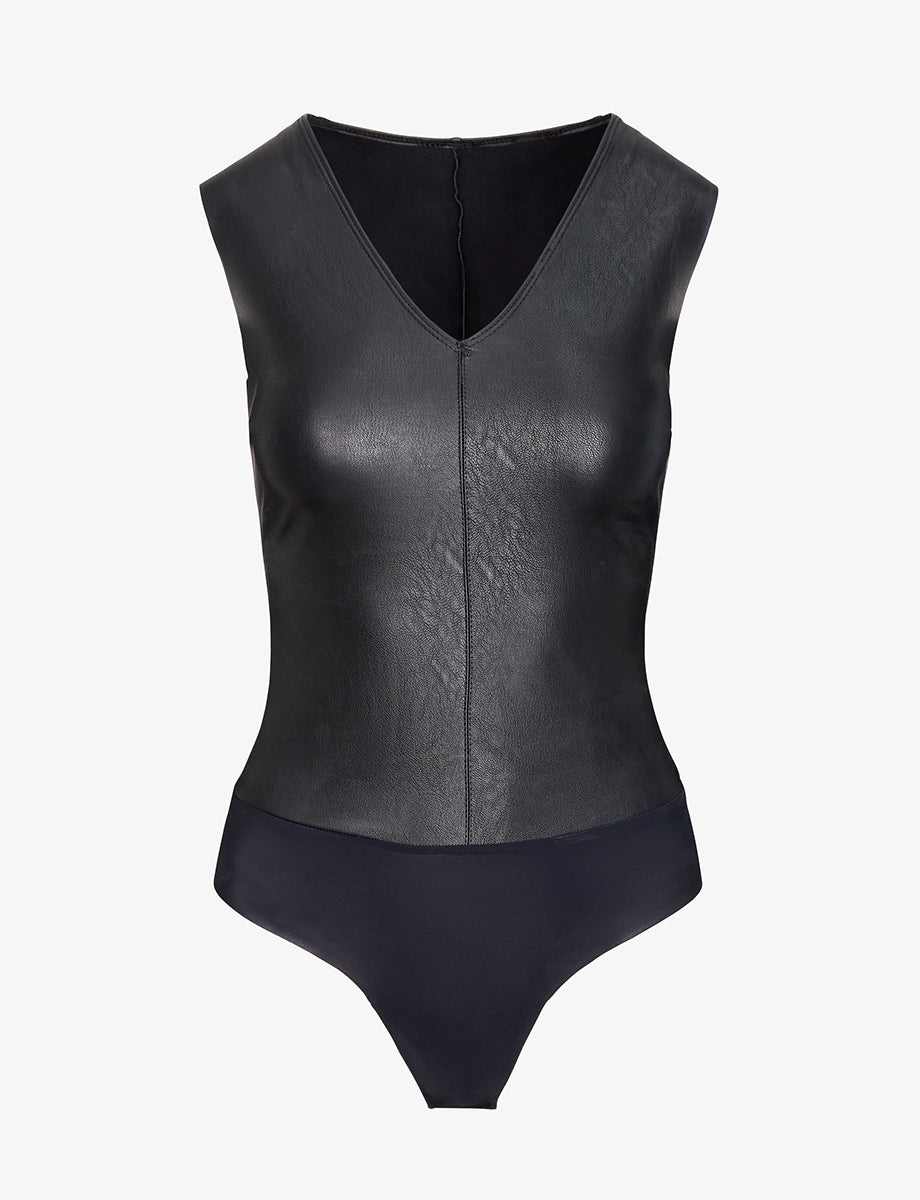 Women's Faux Leather V-Neck Bodysuit