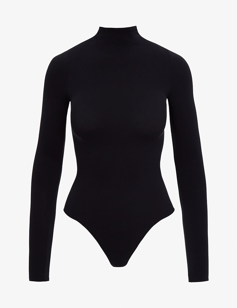 Thong Bodysuit for Women, Mock Neck Long Sleeve Bodysuit Mesh Insert  Elegant Blouse Tops (Color : Black, Size : Large)