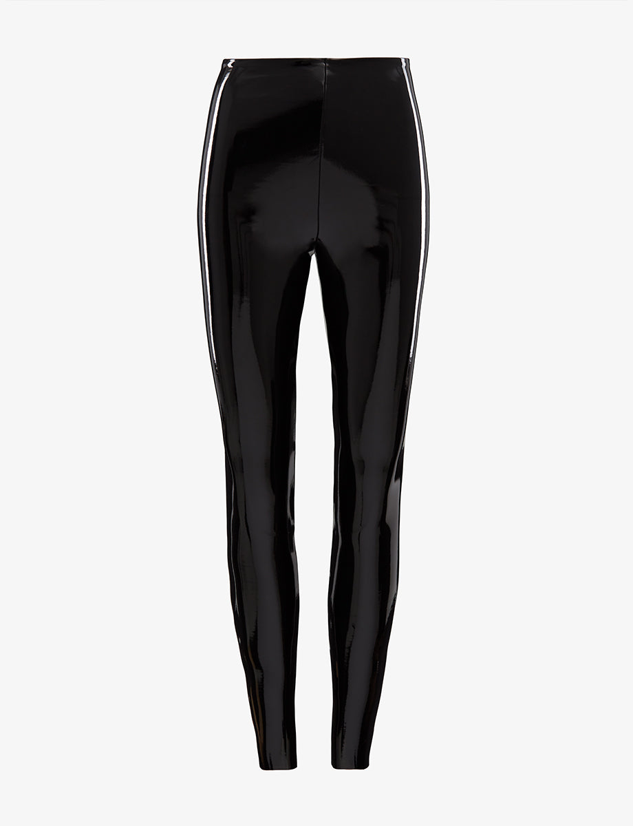 Womens Leggings shown in Black Gloss vinyl/PVC, custom made by