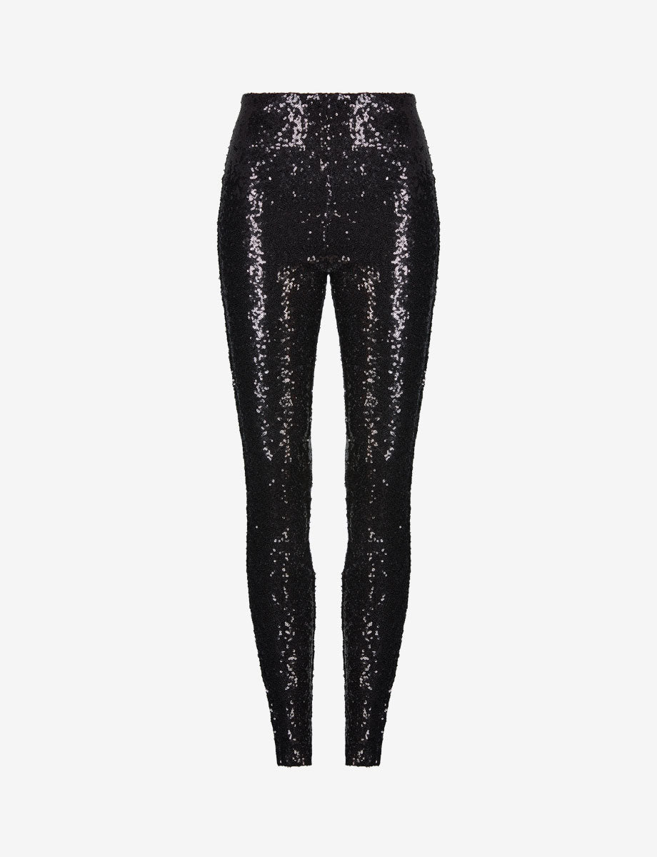 Party Perfection Black Sequin Slit Front High-Waisted Pants