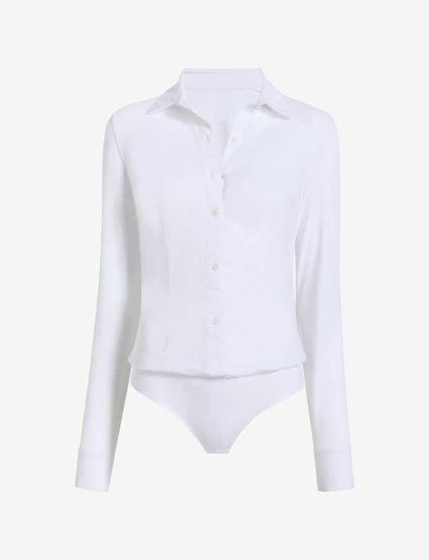 women's dress shirt bodysuit Commando Cotton Stretch Button Down Bodysuit in White