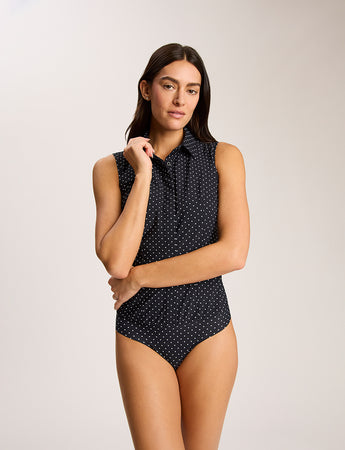 Classic Printed Sleeveless Button Down Bodysuit