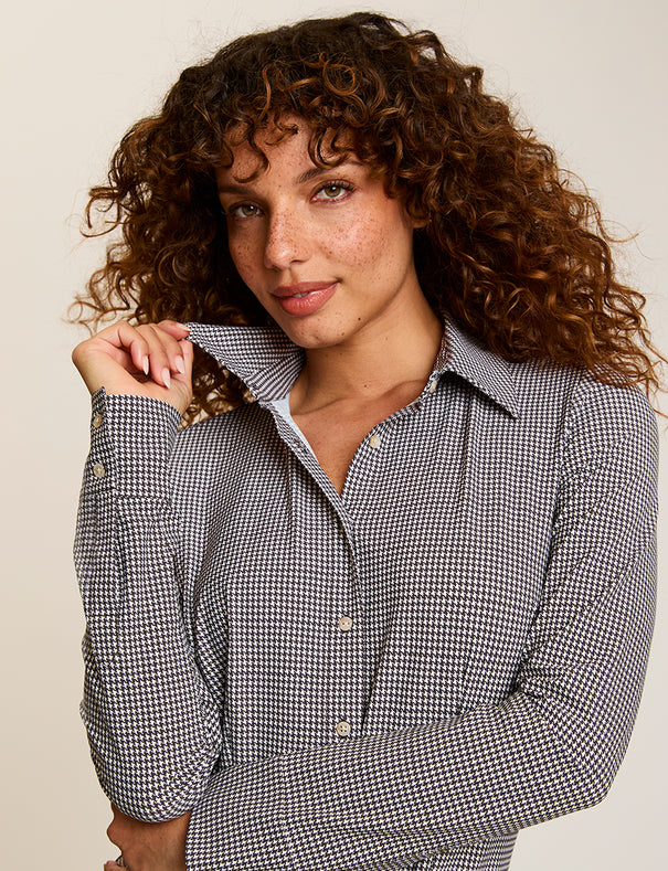 Classic Printed Button Down Bodysuit Extra Small Houndstooth Espresso Classic Printed Button Down Bodysuit Extra Small Houndstooth Espresso