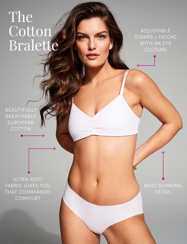 Beautifully breathable European cotton Ultra-soft fabric gives you that Commando comfort Bust shirring detail Adjustable straps + hooks with an eye closure Cotton Bralette