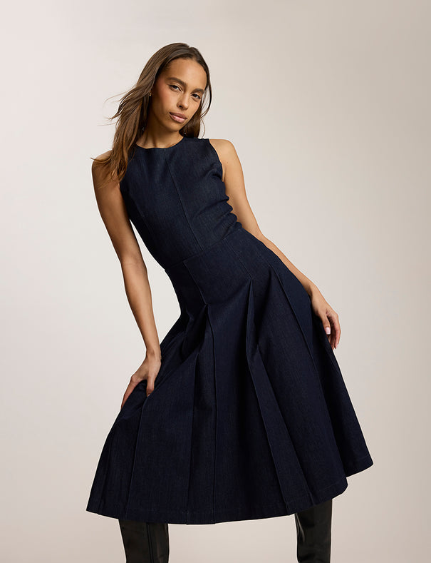 Commando Do It All Denim Pleated Midi Skirt in Solid Indigo, Size XS