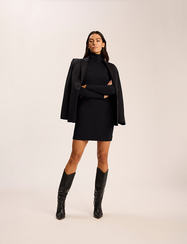 chinese dress ladies Black Long Sleeve Turtleneck Short Leather Dress