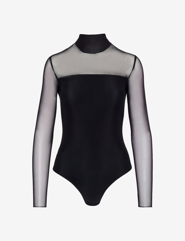Commando Chic Mesh Mockneck Long Sleeve Covered Thong Bodysuit Black
