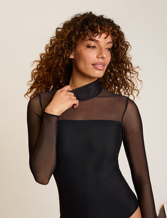 Chic Mesh Mockneck Long Sleeve Covered Bodysuit