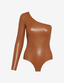 Sale: Faux Leather Long Sleeve One-Shoulder Bodysuit